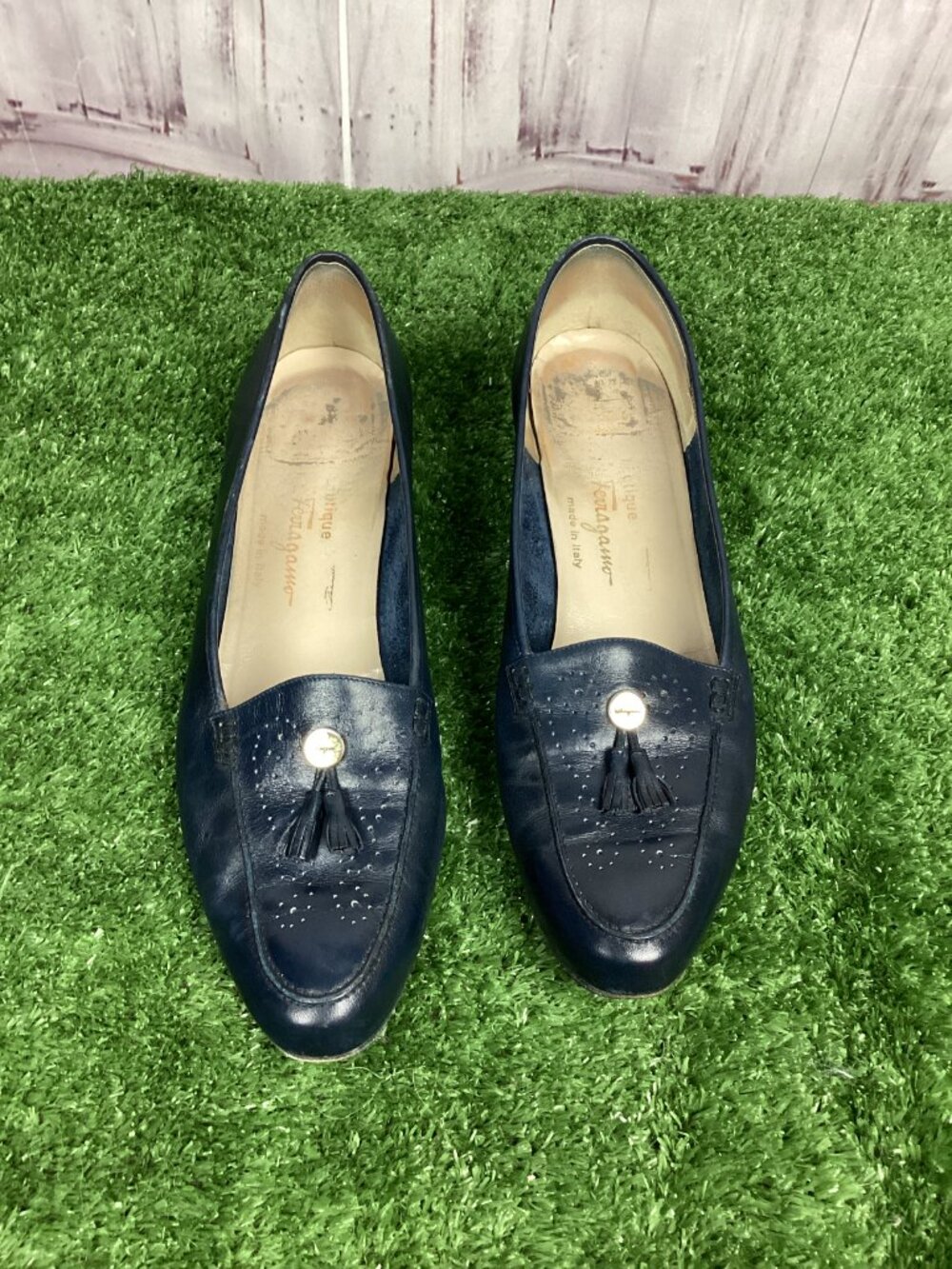 Salvatore Ferragamo Loafers Blue Leather Block Heel 10.5 2A - Picture 2 of 14